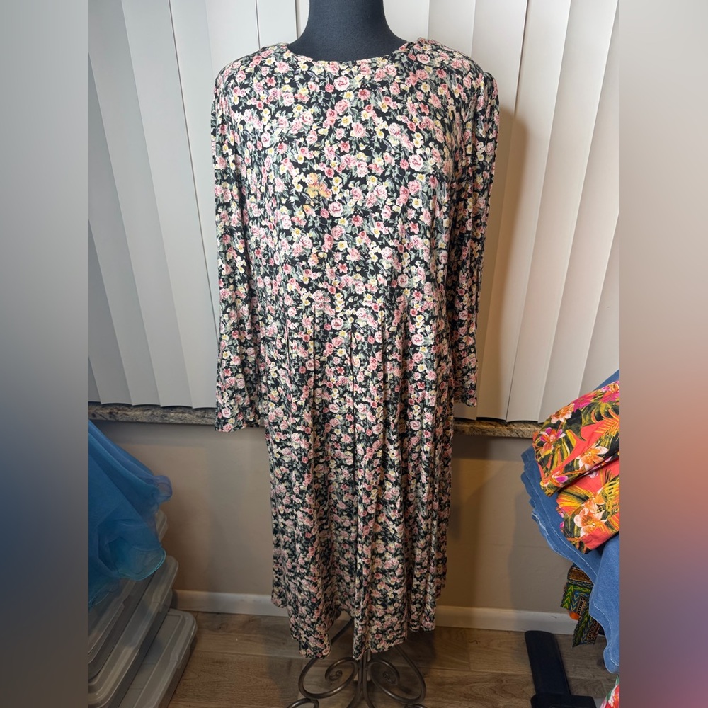 Vintage Jessica Lauren Style Long Sleeve Midi Floral Dress Granny-core SZ Large